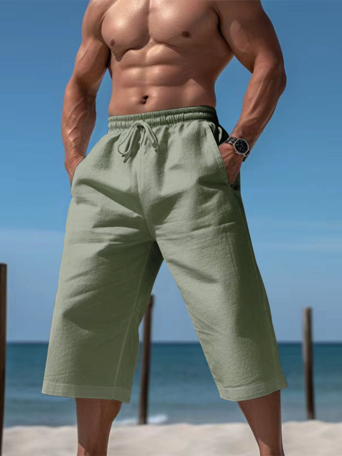 Men's Full Size Casual Drawstring Cropped Pants Plus Size in Light Green