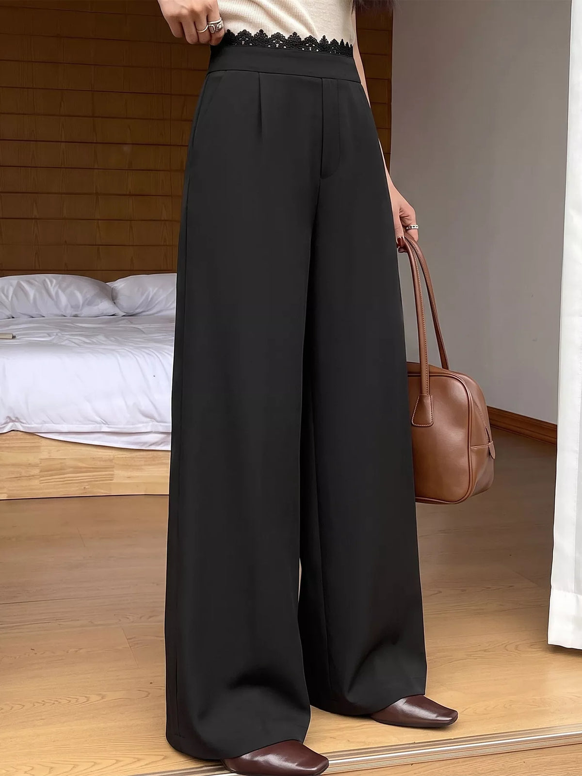 High-Waisted Wide-Leg Lace-Trimmed Pants