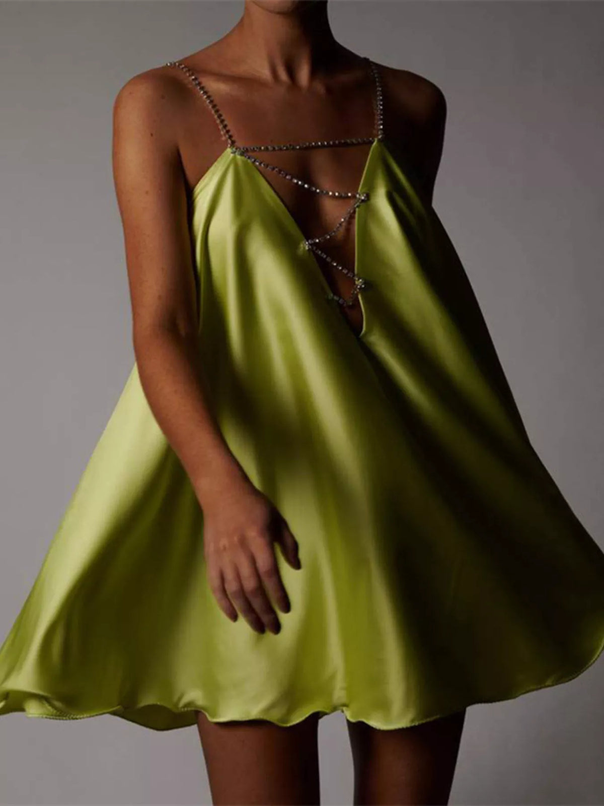 Rhinestone Embellished Plunge Mini Dress - Lilixa.store
