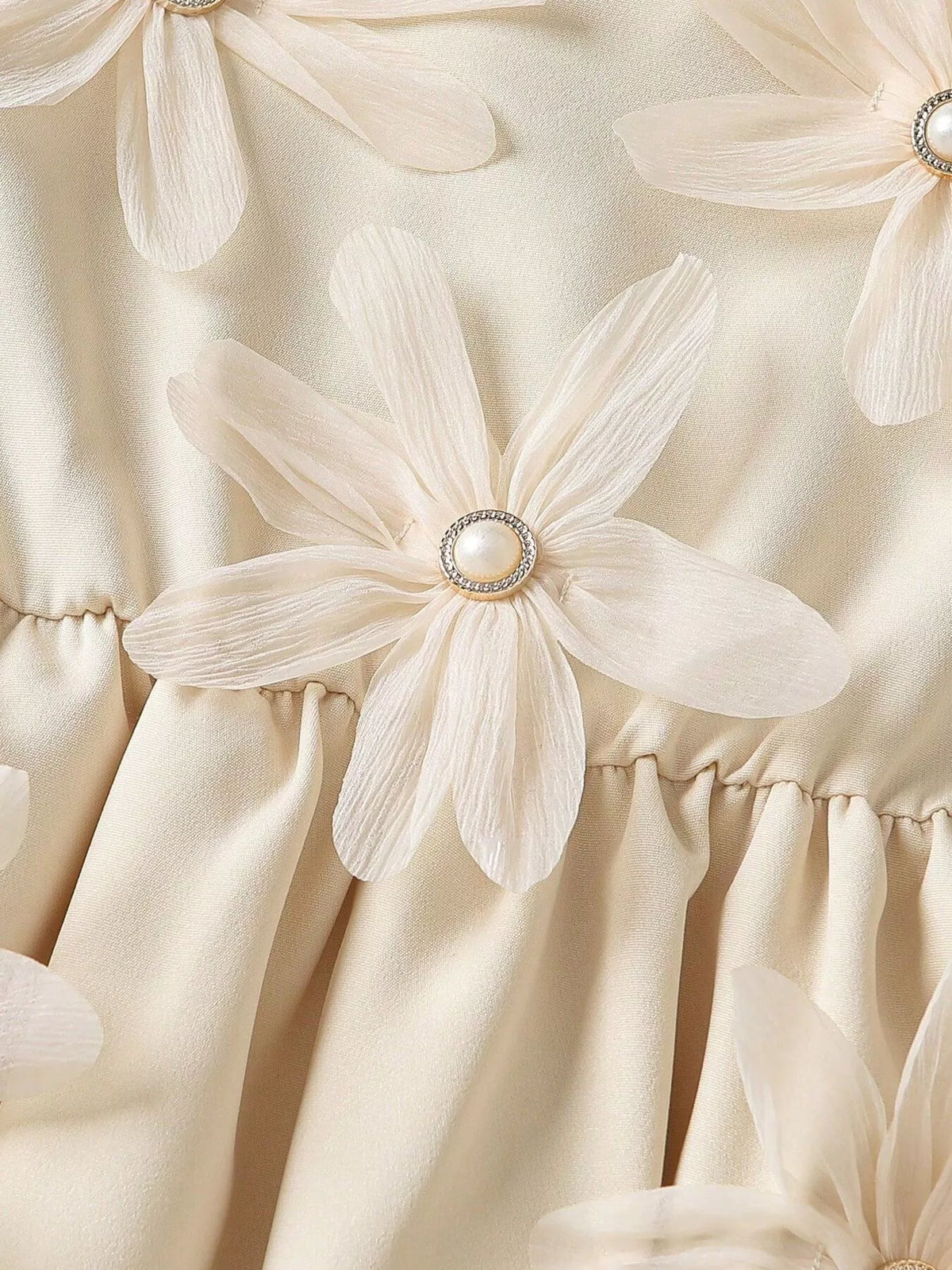 Children's Long-Sleeve Dress with 3D Floral Appliques and Pearl Accents in Apricot Color, view 4