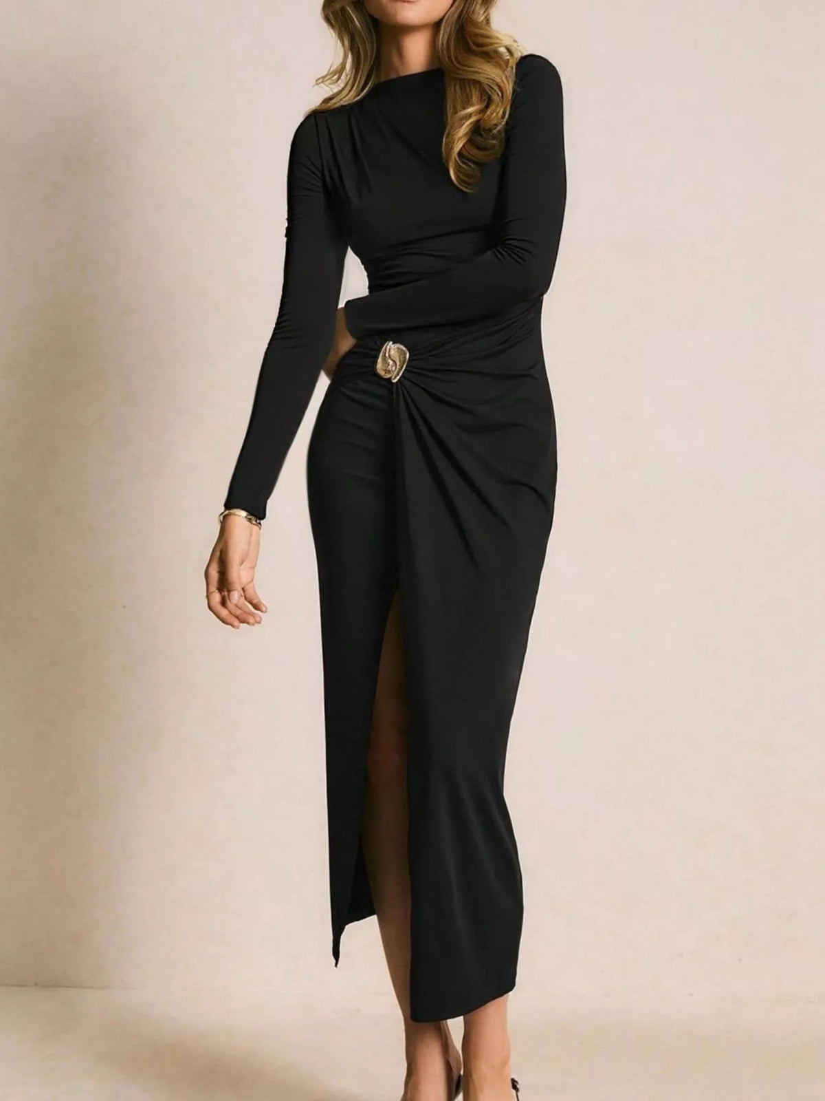 Ruched Slit Long-Sleeve Bodycon Dress - Lilixa.store