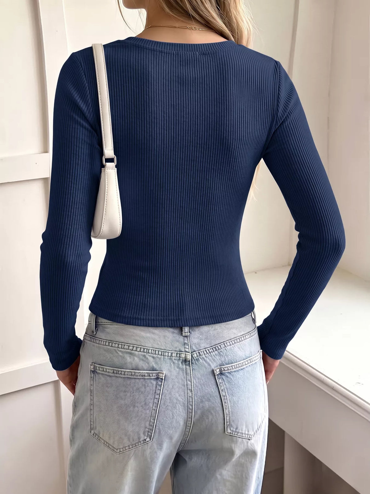 Lace Trim Ribbed Knit Long Sleeve T-Shirt - Lilixa.store