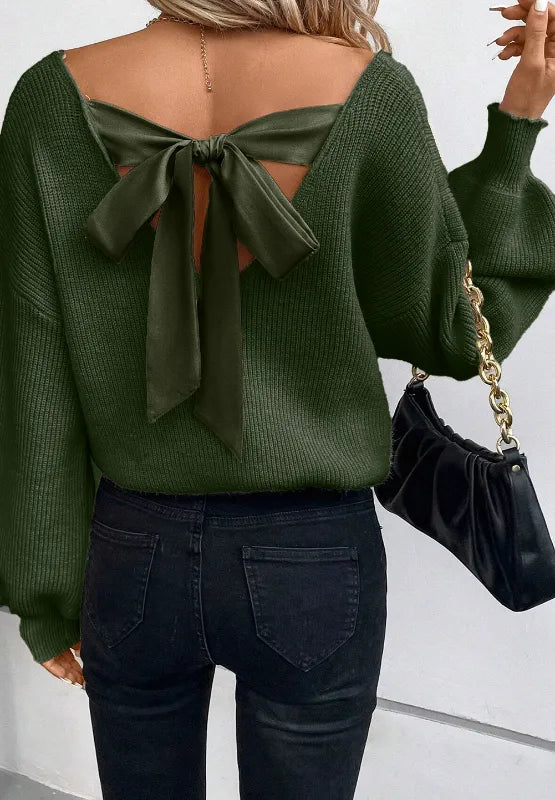 Tied Back V-Neck Long Sleeve Sweater - Lilixa.store