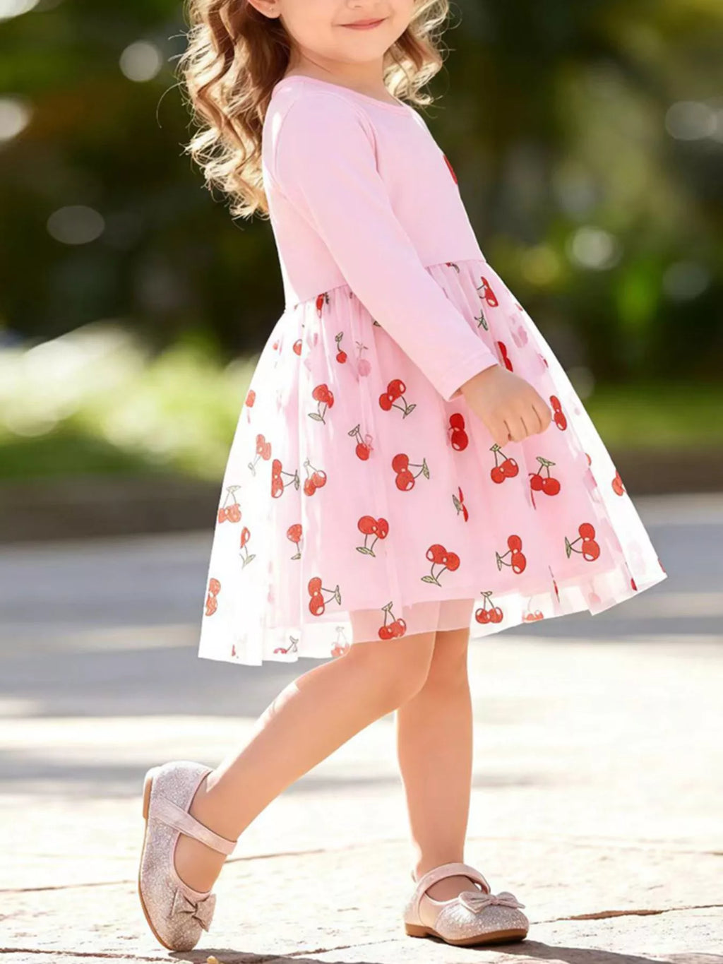 Children's Sweet Cherry Print Tulle Dress with Long Sleeves - Lilixa.store