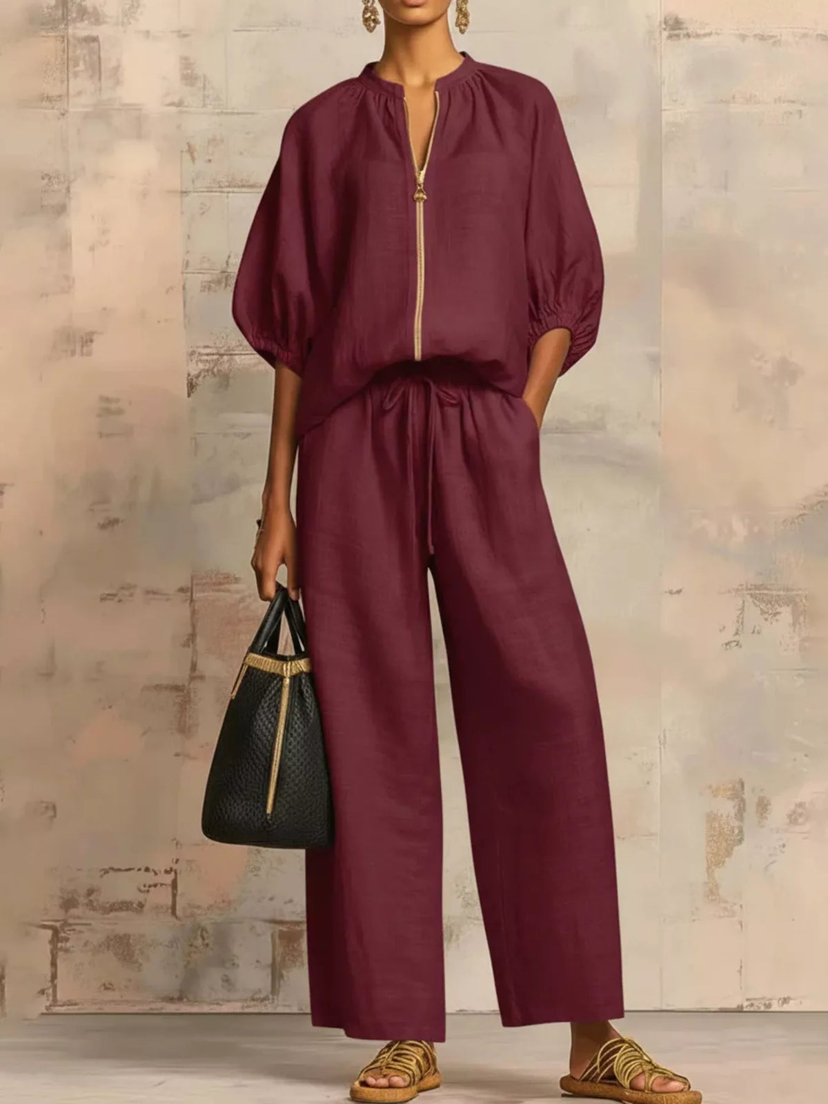 Full Size Zip-Front Top and Wide-Leg Pants Set Plus Size - Lilixa.store