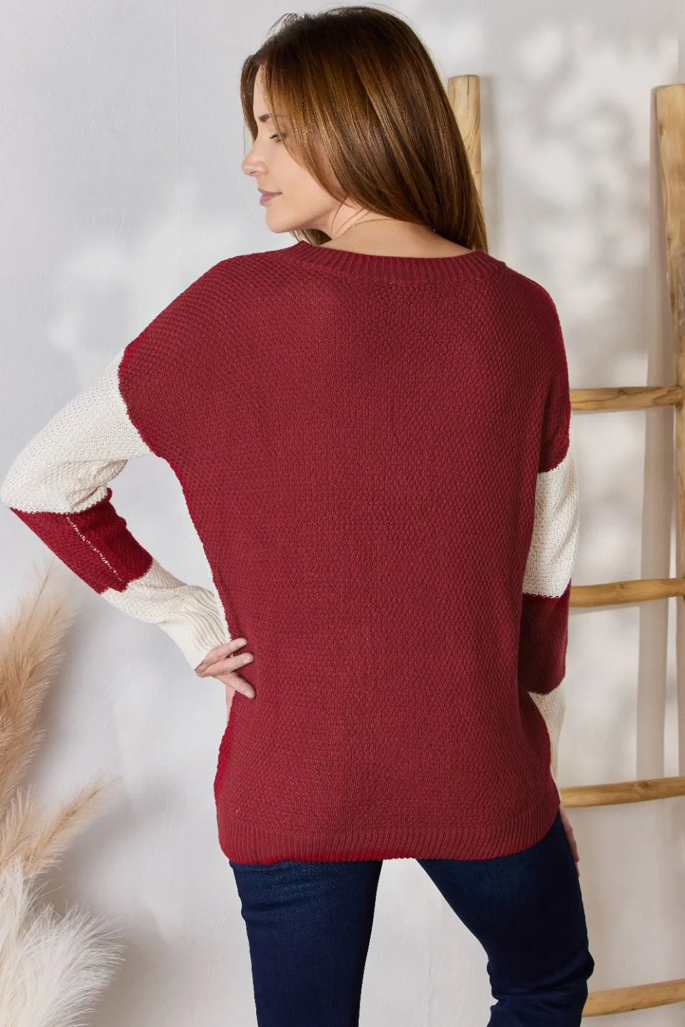 Hailey & Co Full Size Color Block Dropped Shoulder Knit Top - Lilixa.store