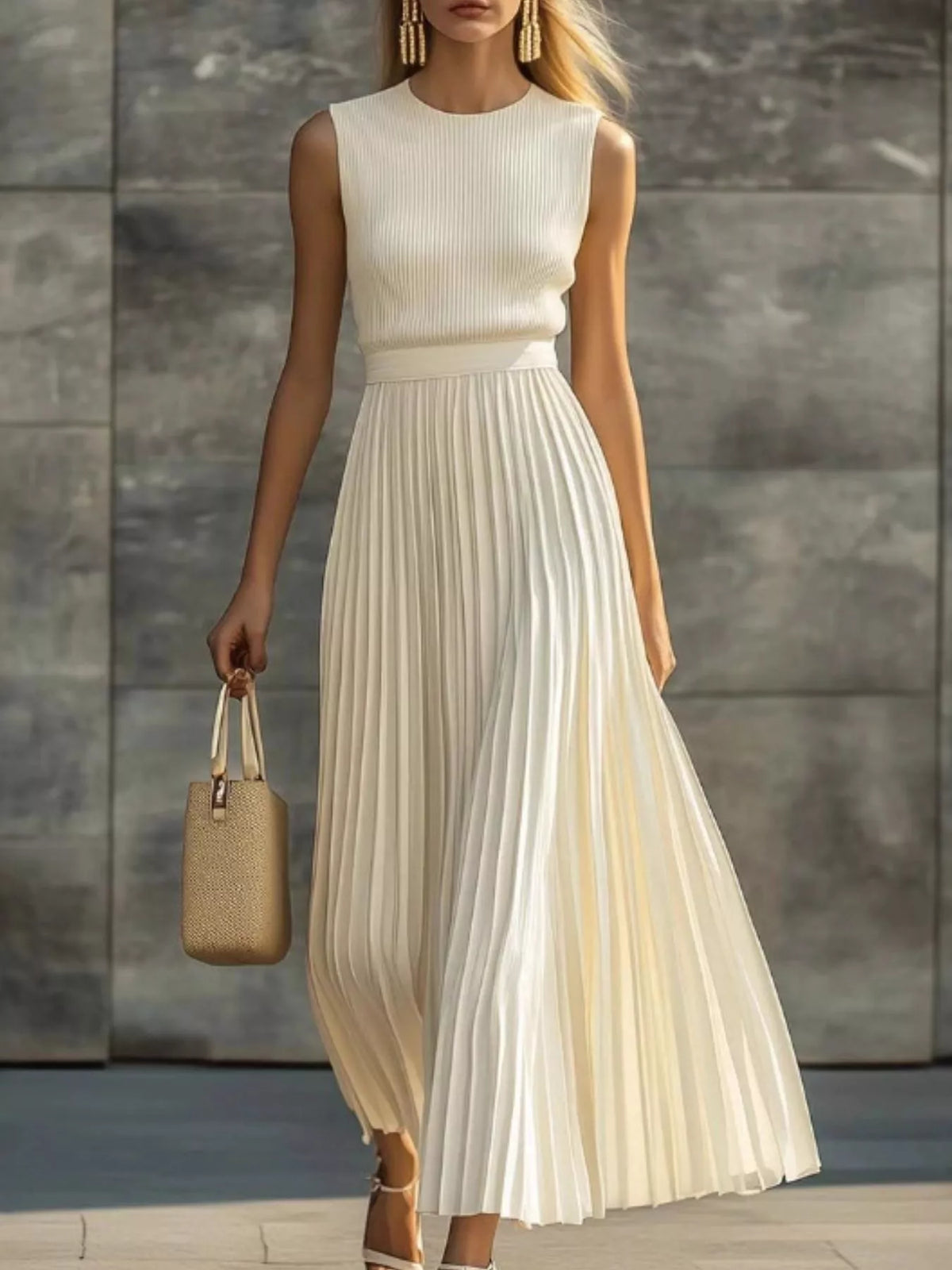 Ribbed Sleeveless Pleated Maxi Dress - Lilixa.store