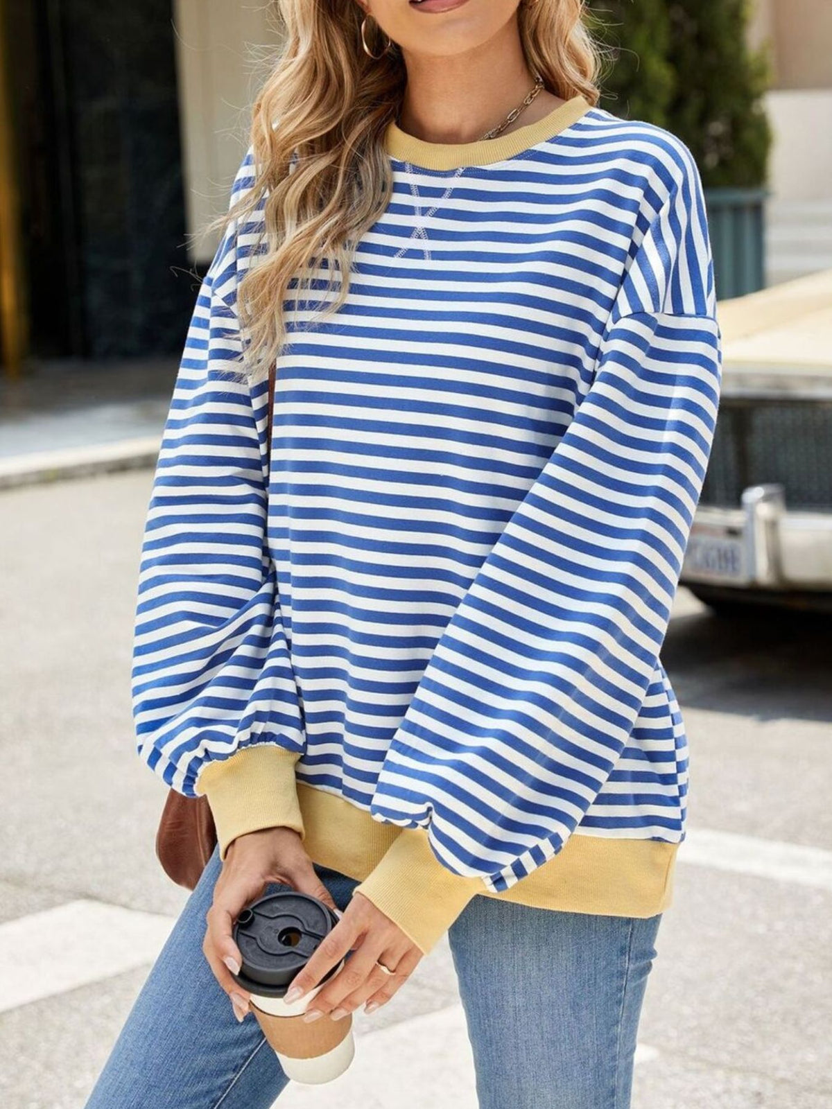 Striped Crew Neck Long Sleeve Sweatshirt - Lilixa.store