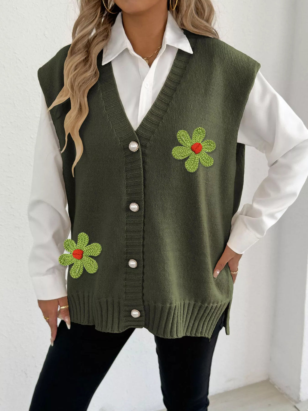 Flower V-Neck Sleeveless Cardigan - Lilixa.store
