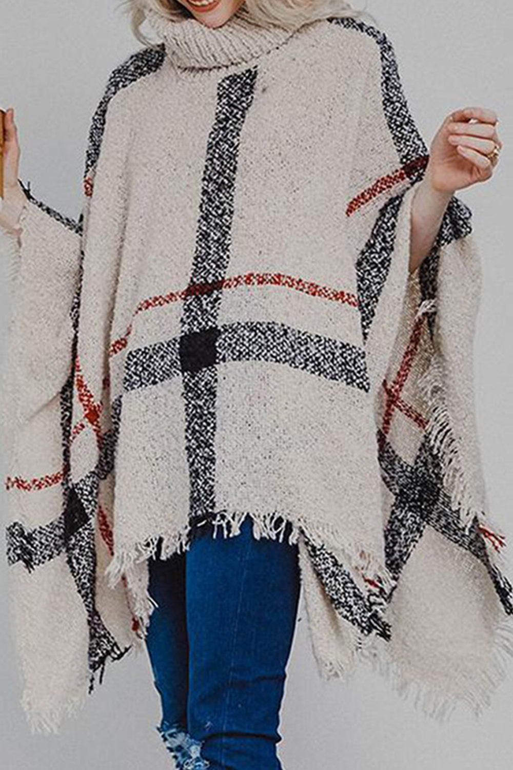Plaid Turtleneck Raw Hem Poncho, view 2
