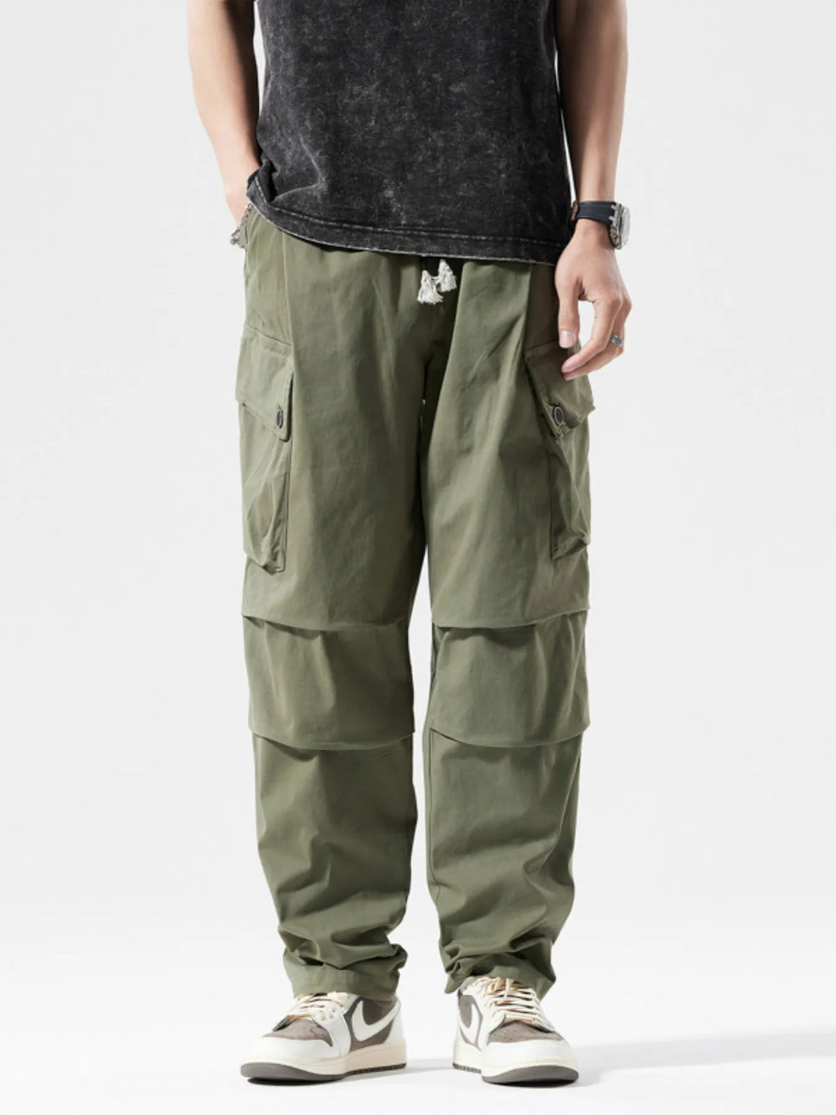 Men's Full Size Loose Fit Multi-Pocket Cargo Pants Plus Size in Military Green