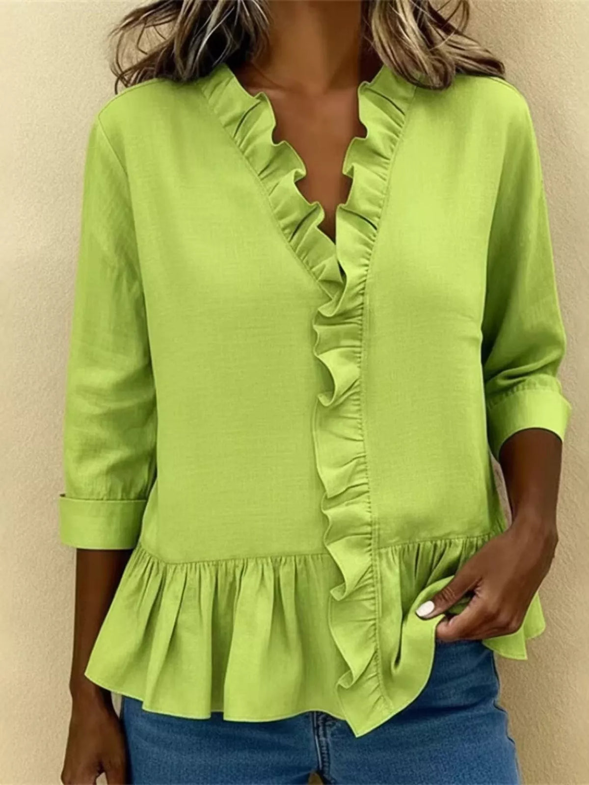 Full Size Ruffled V-Neck Long Sleeve Blouse Plus Size - Lilixa.store