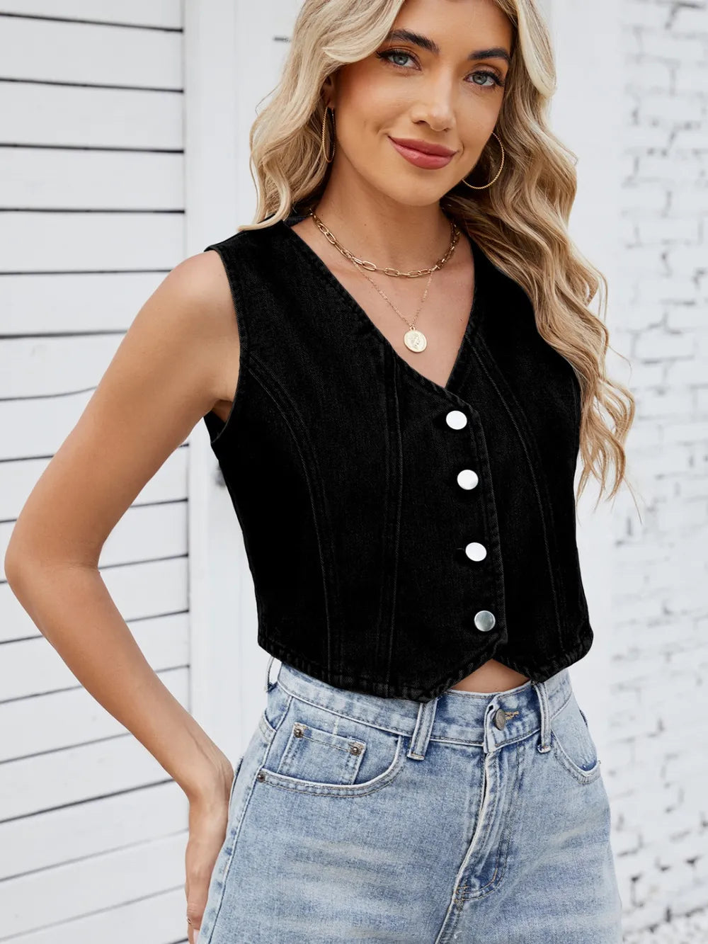 V-Neck Button Down Denim Vest - Lilixa.store