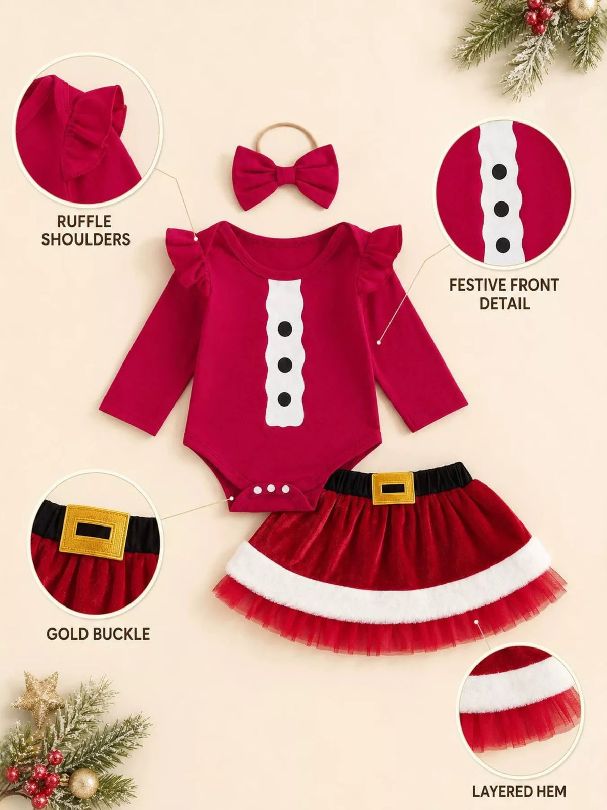 Children's Christmas Long Sleeve Bodysuit and Skirt Set with Bow Headband - Lilixa.store