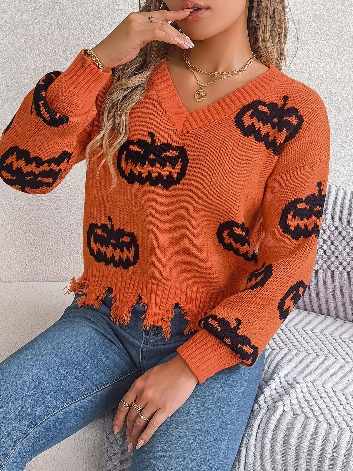Pumpkin Distressed Hem Sweater