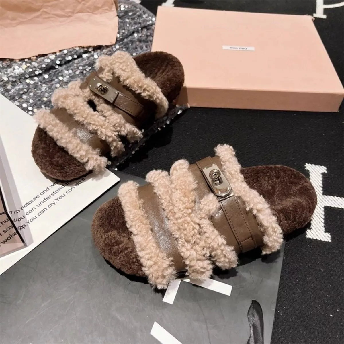 Fuzzy Buckle Accent Plush Slippers - Lilixa.store