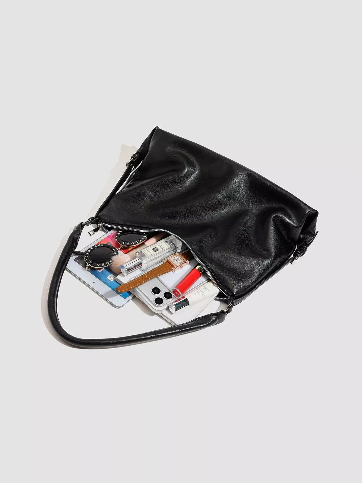 PU Leather Shoulder Bag with Decorative Charm in Black, view 6