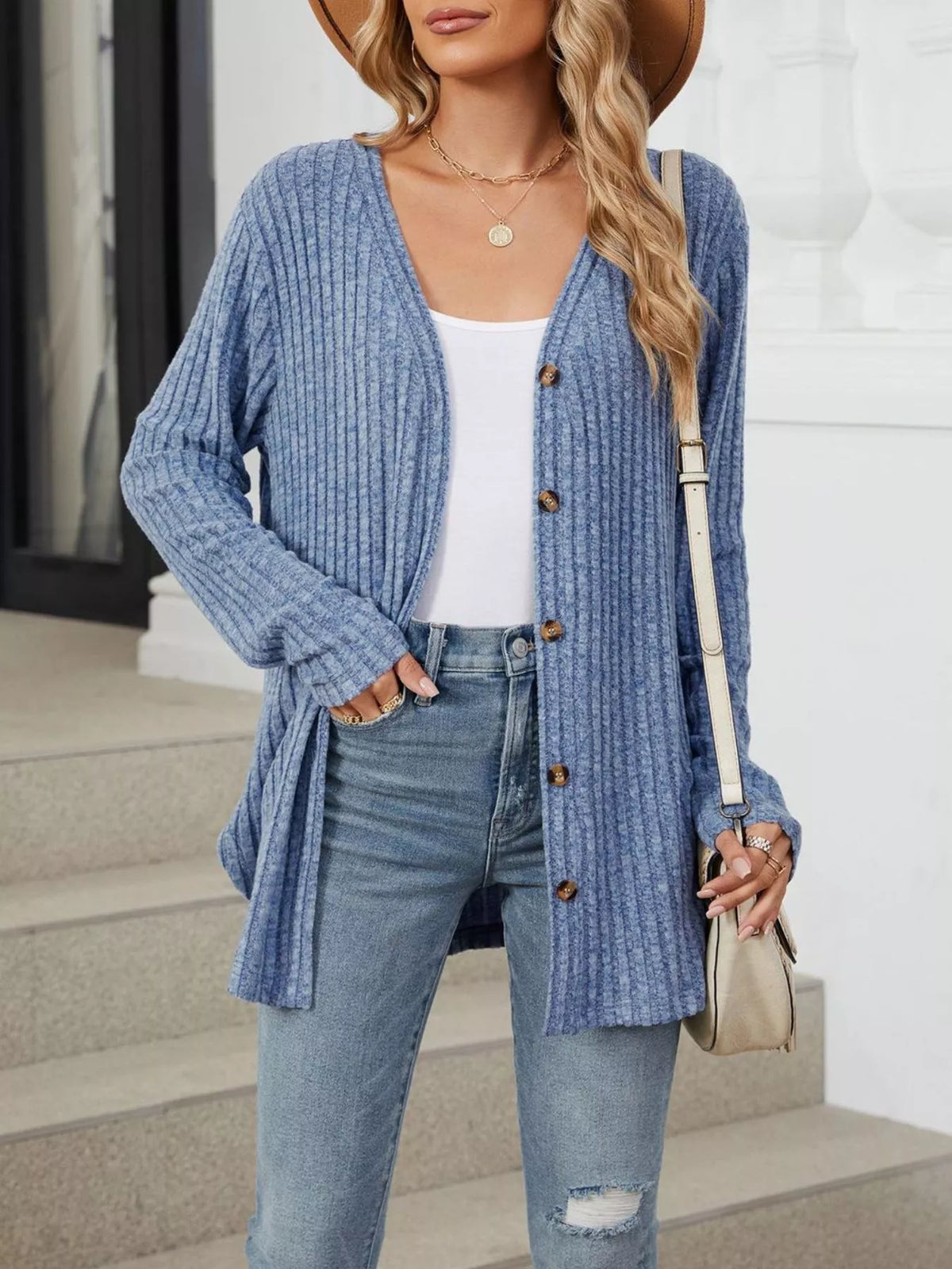 Ribbed Button-Up Cardigan - Lilixa.store