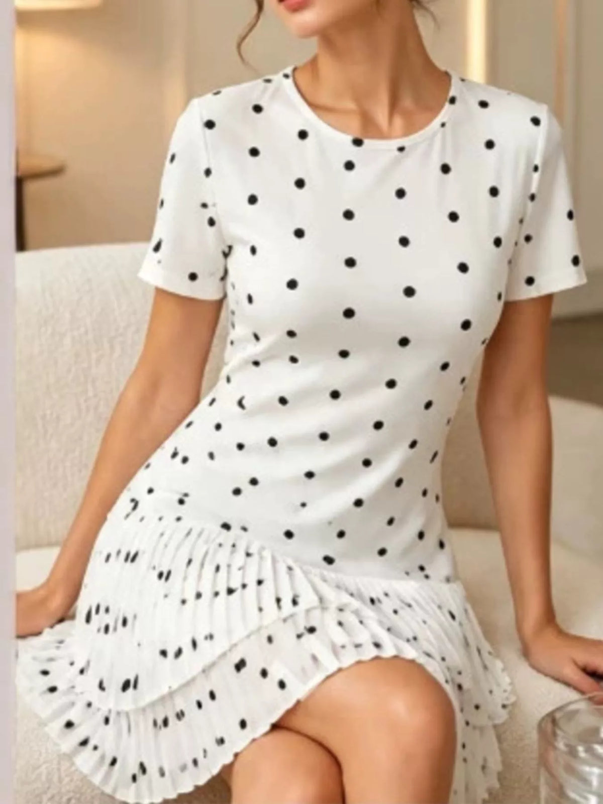 Polka Dot Pleated Hem Mini Dress - Lilixa.store