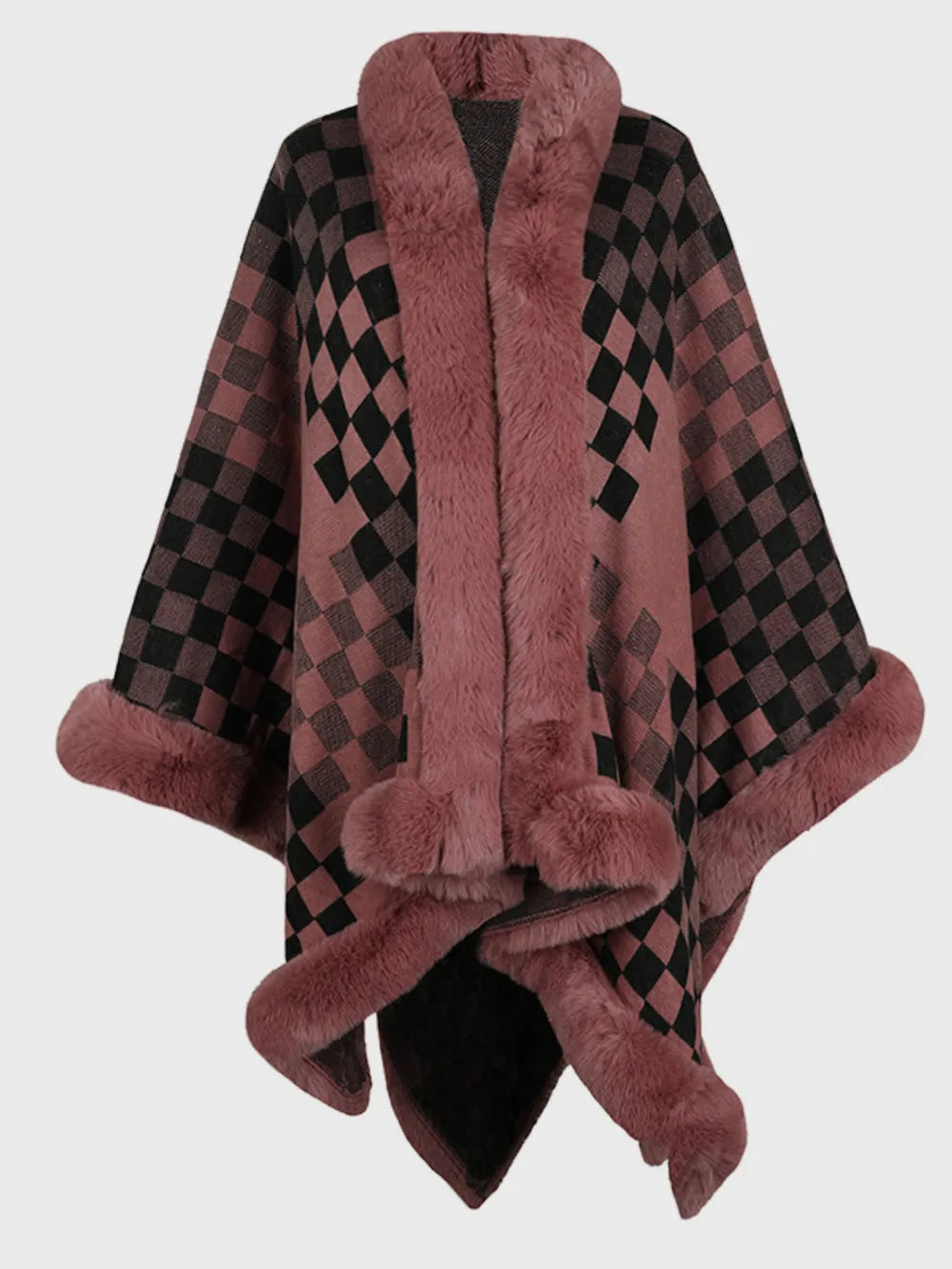 Fuzzy Checkered Long Sleeve Poncho - Lilixa.store