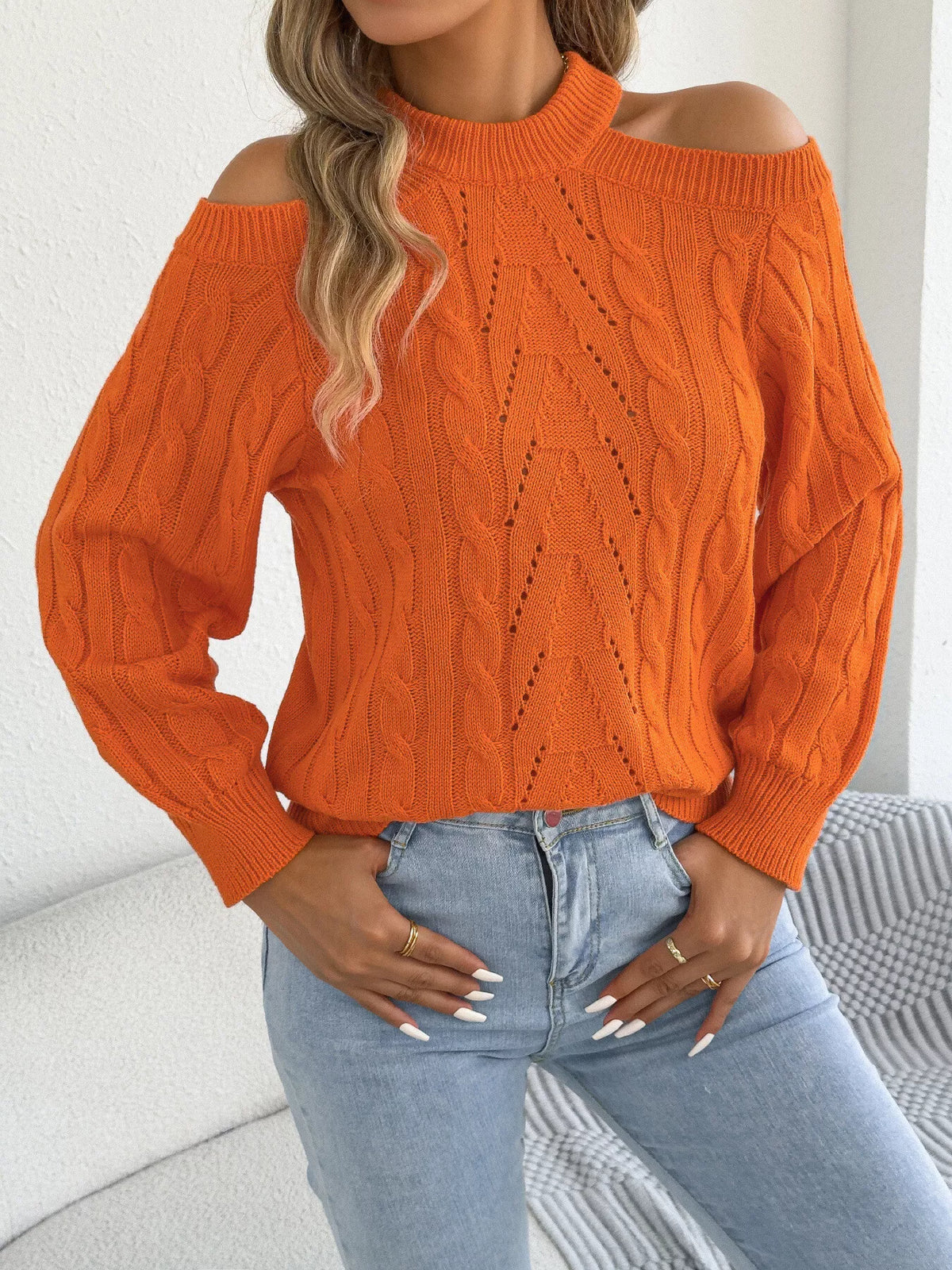 Cold Shoulder Cable Knit Sweater