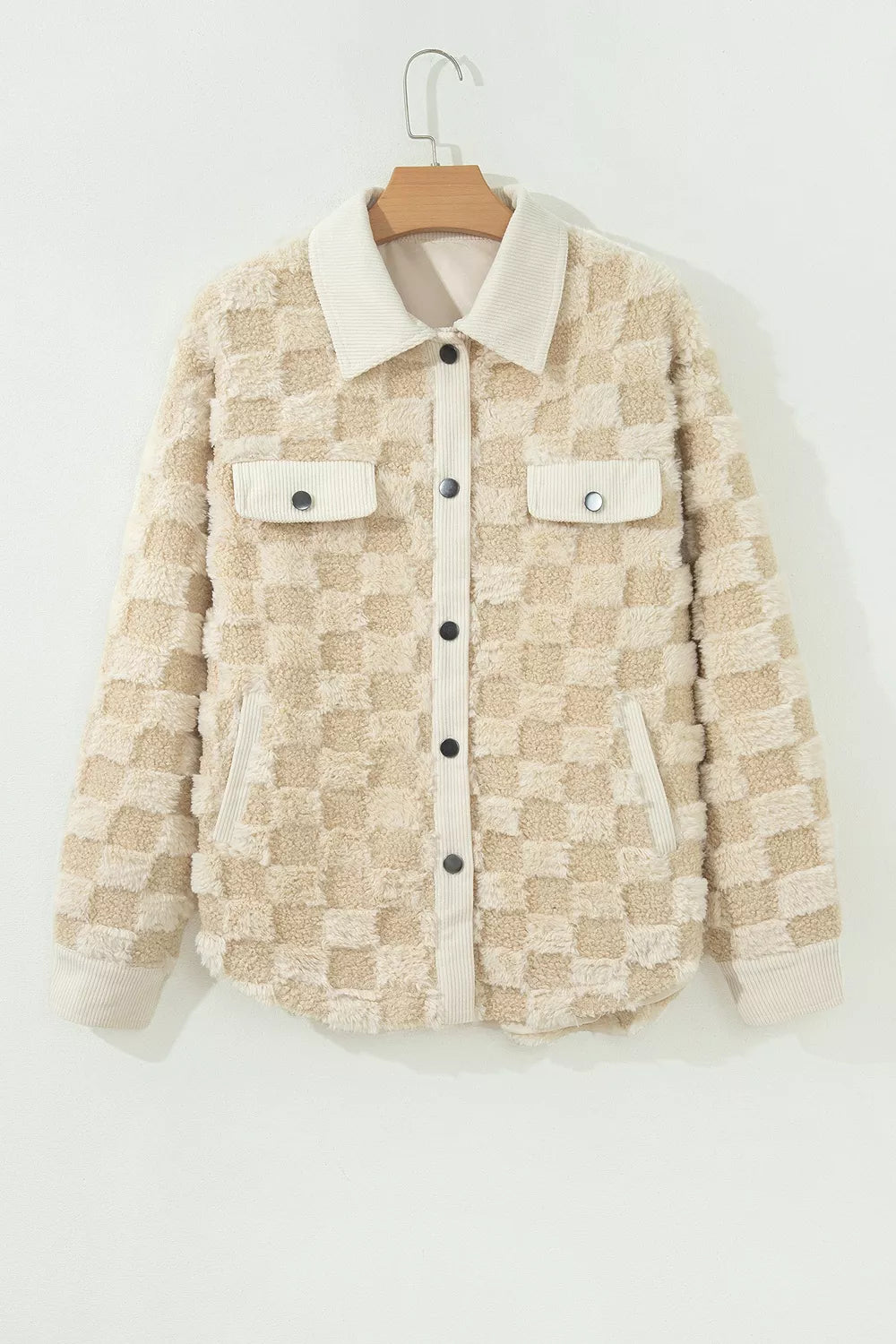 Plush Checkered Corduroy Trim Metal Button Long Sleeve Shift Silhouette Shacket - Lilixa.store