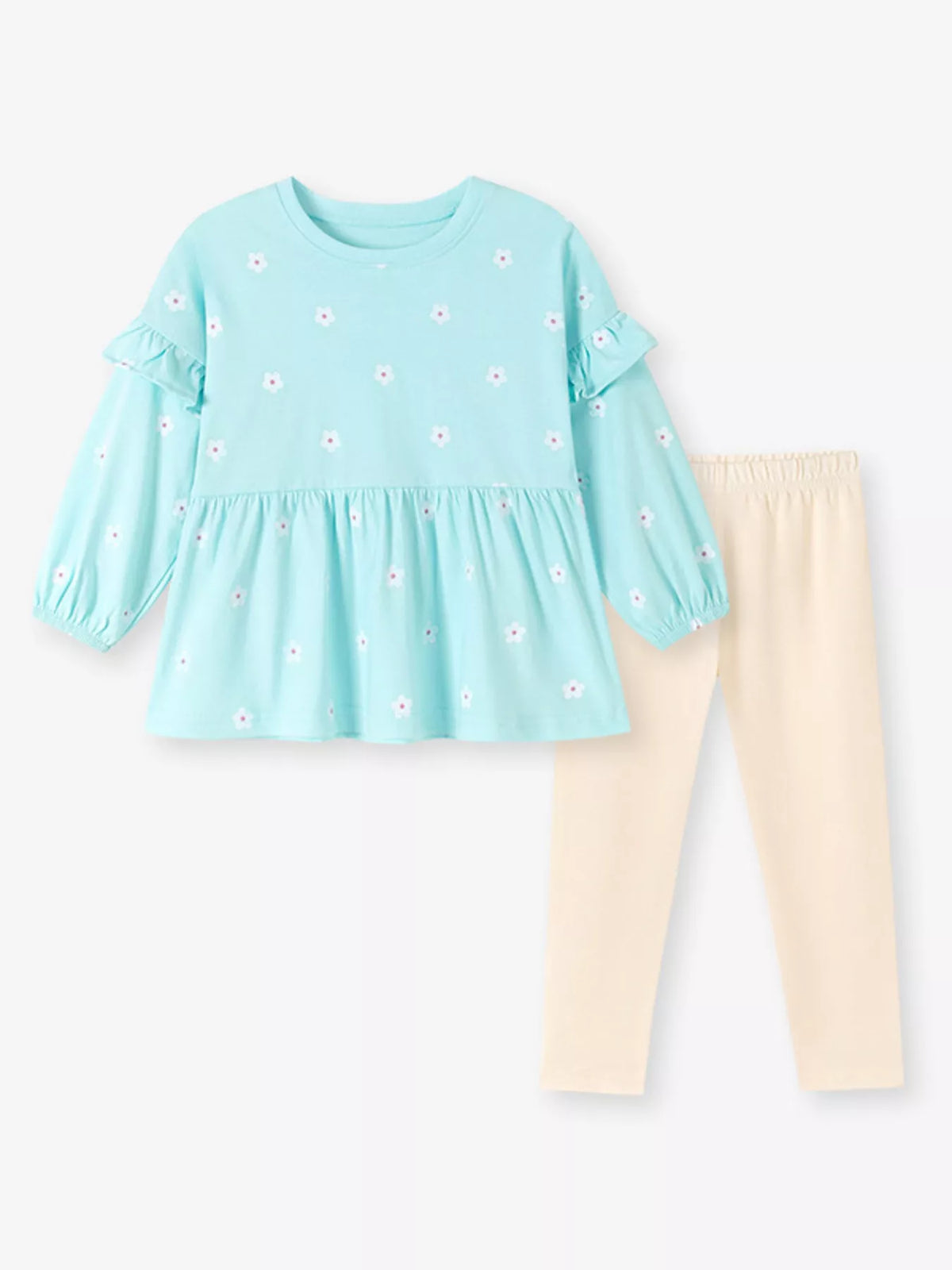 Children's Flower Balloon Sleeve Peplum Top and Pants Set in Pastel Blue, view 2