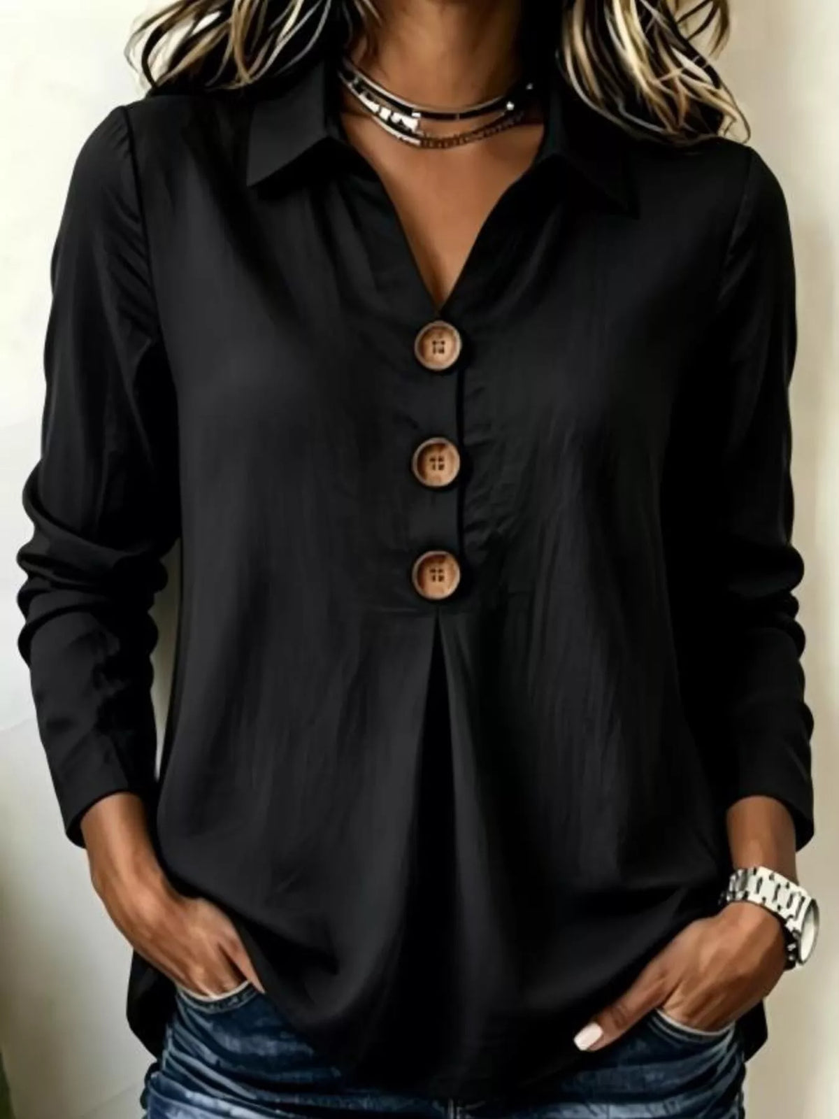 Full Size Button Detail Long Sleeve Blouse Plus Size in Black