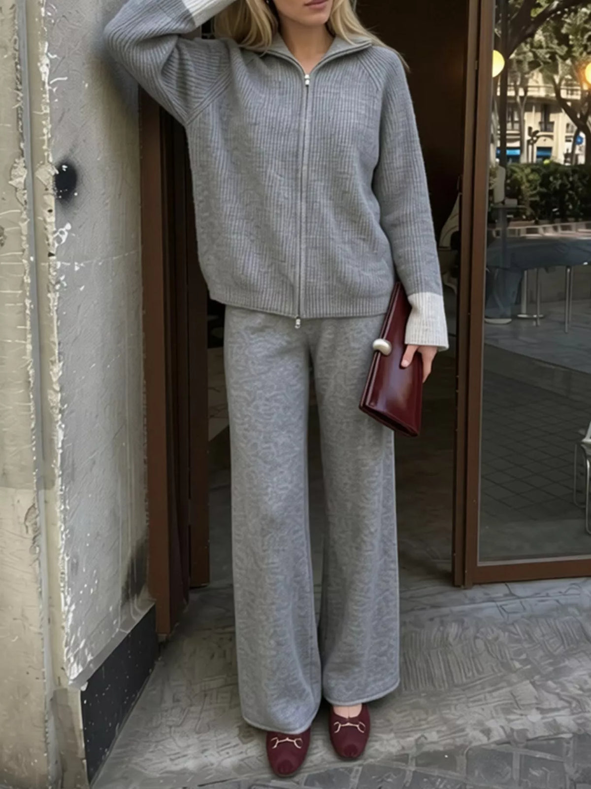 Zip-Up Contrast Cuff Cardigan and Pants Sweater Set, view 8