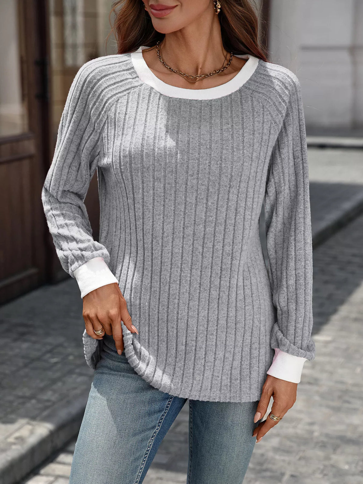 Ribbed Round Neck Raglan Sleeve Knit Top - Lilixa.store