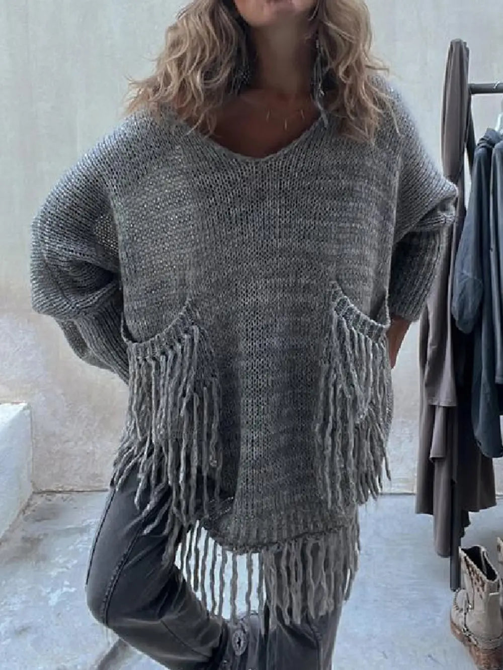 Fringe Detail Long Sleeve Sweater with Pockets, view 4