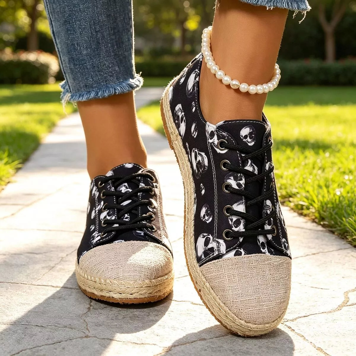 Lace-Up Flat Round-Toe Breathable Sneakers, view 3