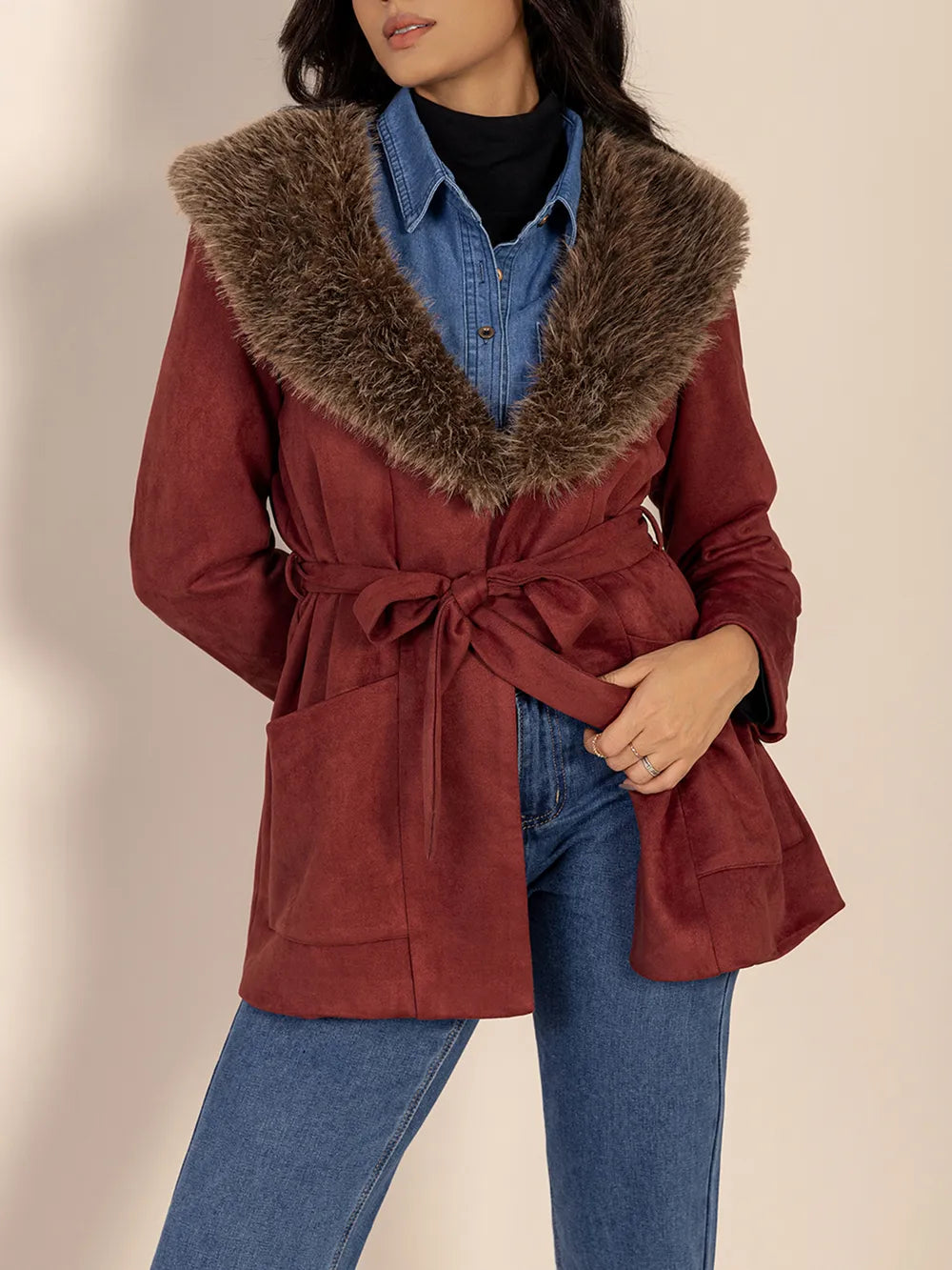 Fuzzy Collared Neck Tie Waist Jacket in Burgundy, view 6