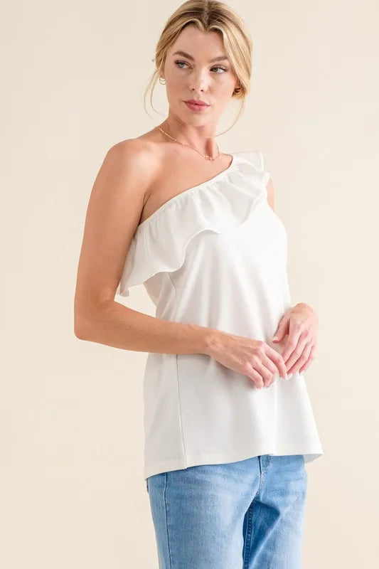 And The Why Ruffle One Shoulder Sleeveless Tank Top in White, view 2