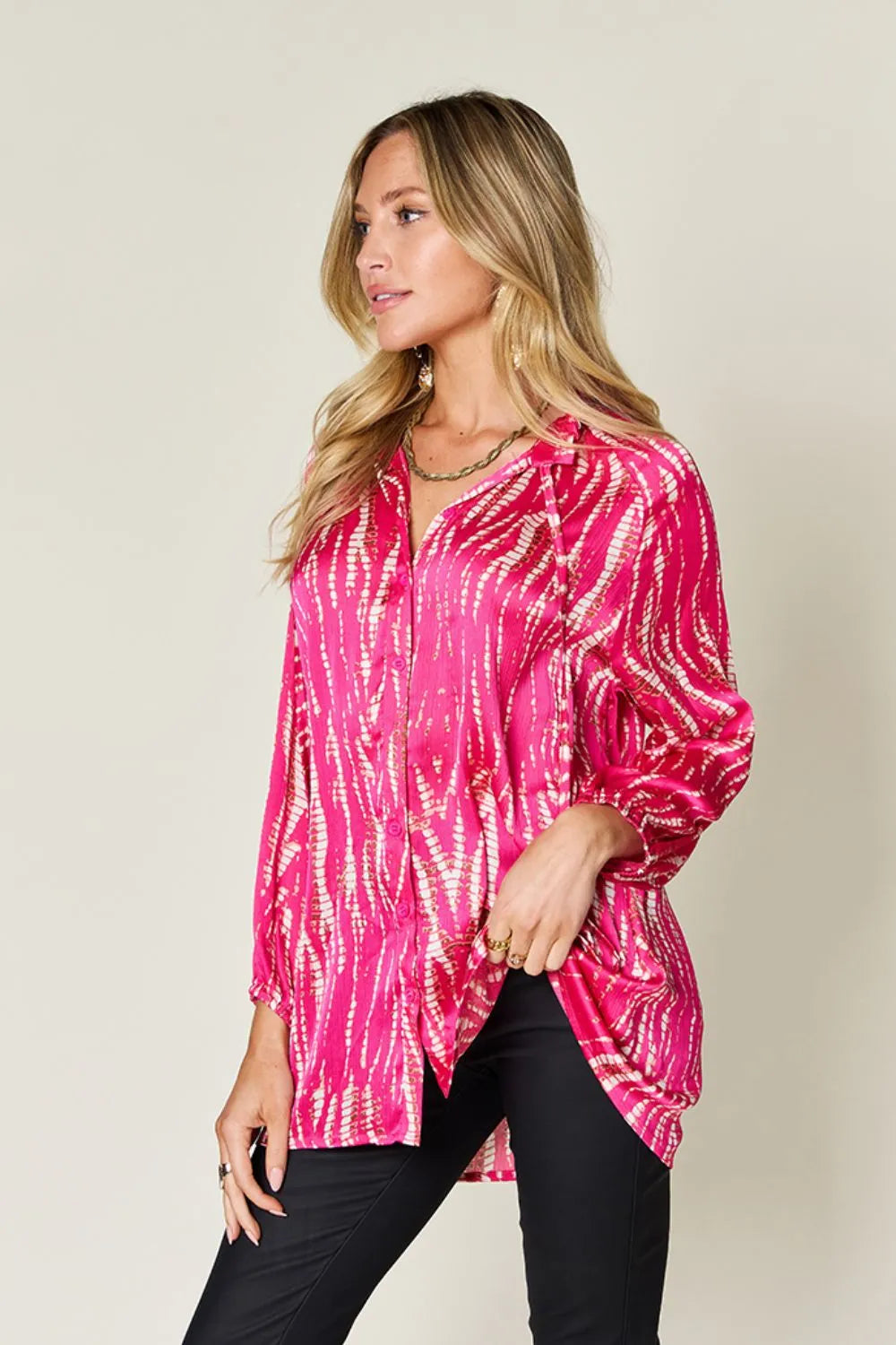 Double Take Full Size Printed Button Up Long Sleeve Shirt - Lilixa.store