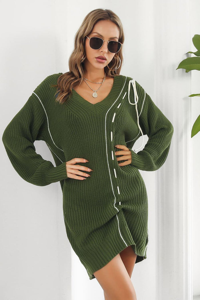Contrast V-Neck Sweater Dress in Army Green