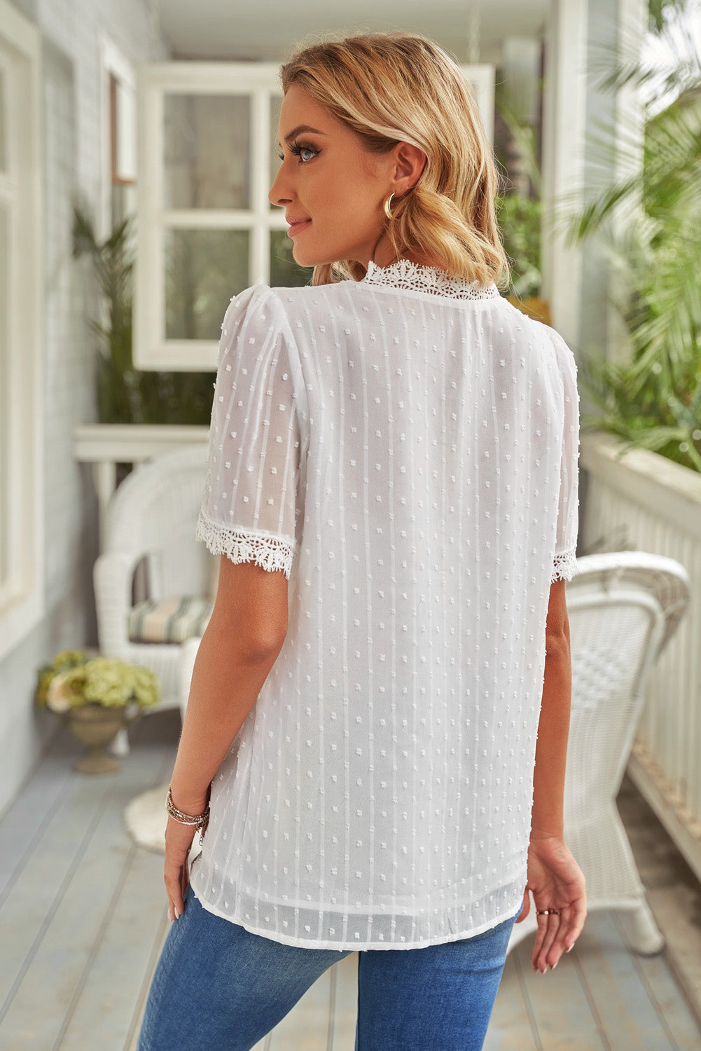 Swiss Dot Lace Trim Plunge Blouse, view 17