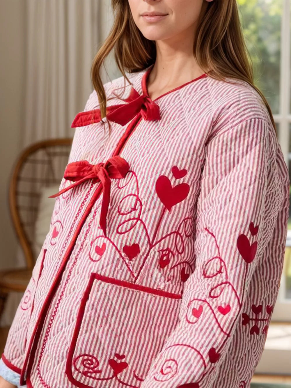 Embroidered Tied Striped Round Neck Coat - Lilixa.store
