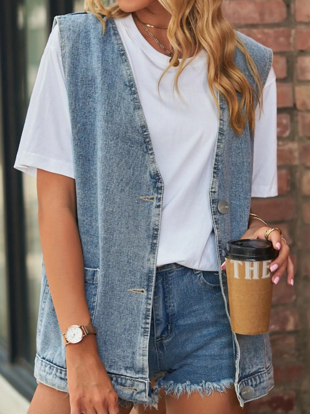 Sleeveless Button-Down Denim Jacket Vest, view 5