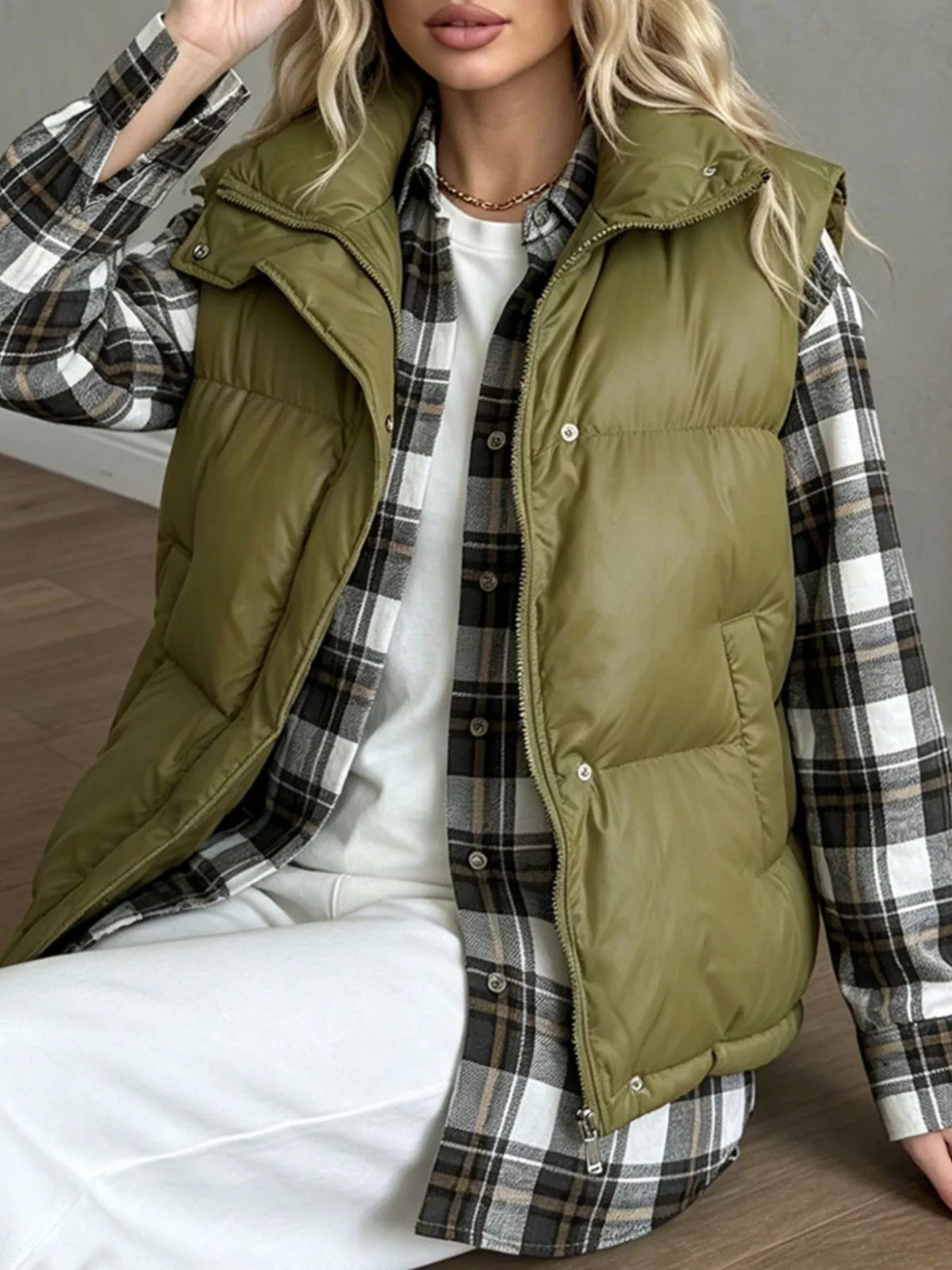 Snap-Button Placket Quilted Puffer Vest Coat, view 11
