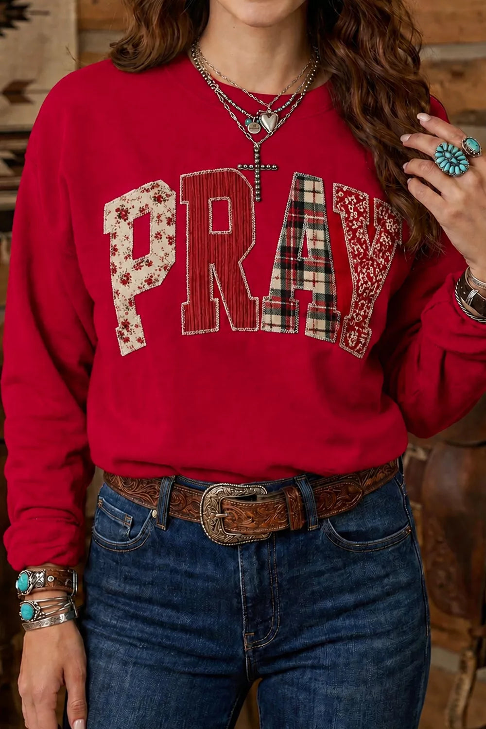 Floral Buffalo Plaid Striped Embroidered Patch Western Sweatshirt - Lilixa.store