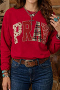 Floral Buffalo Plaid Striped Embroidered Patch Western Sweatshirt - Lilixa.store