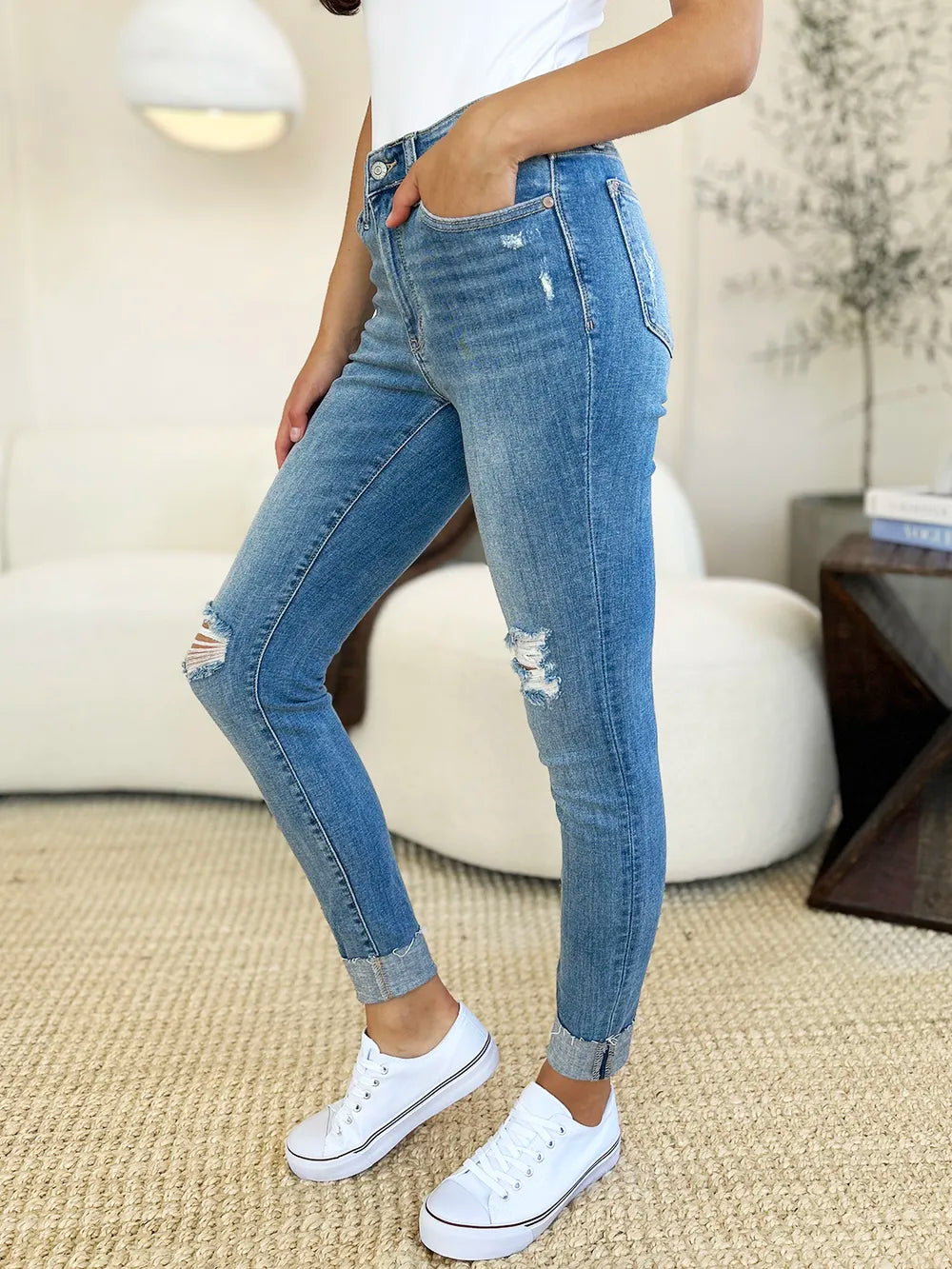 Judy Blue Full Size Mid Rise Destroy & Cuff Skinny Jeans - Lilixa.store