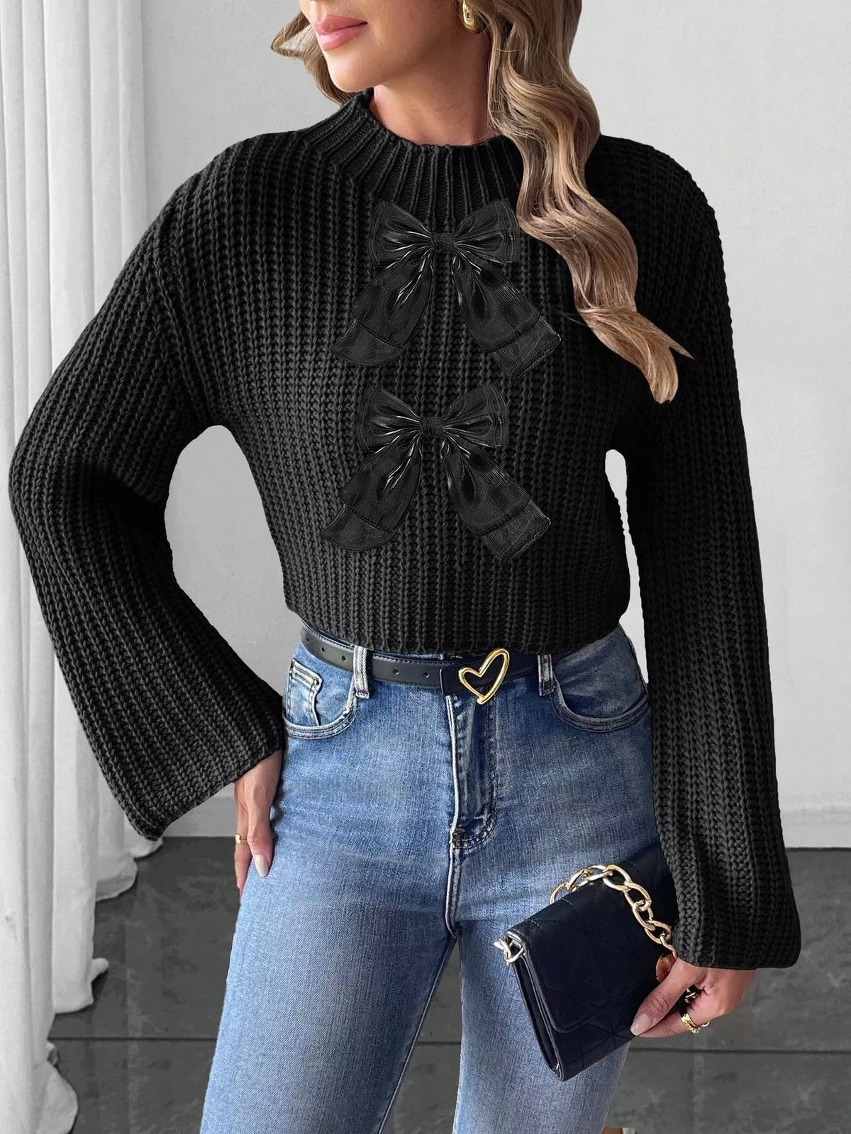 Bow-Decorated Mock Neck Cropped Sweater - Lilixa.store