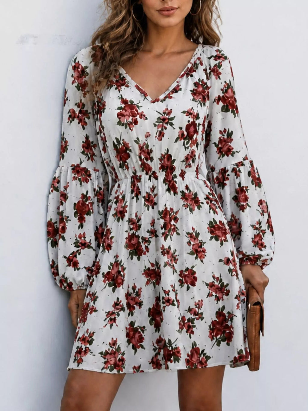 Floral Print V-Neck Long Sleeve Mini Dress - Lilixa.store