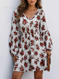 Floral Print V-Neck Long Sleeve Mini Dress - Lilixa.store