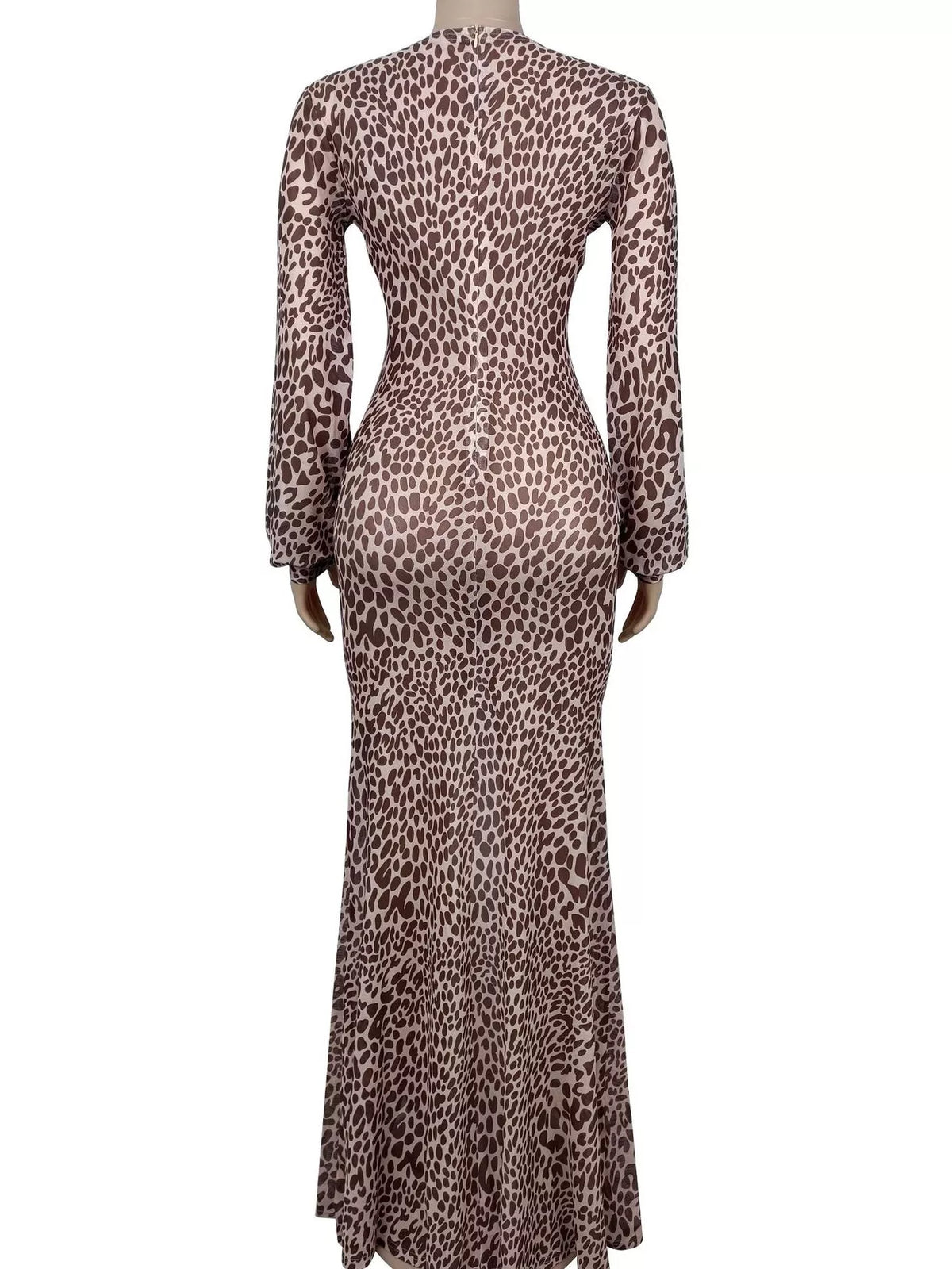 Leopard Print Deep V-Neck Long Sleeve High Slit Maxi Dress, view 5