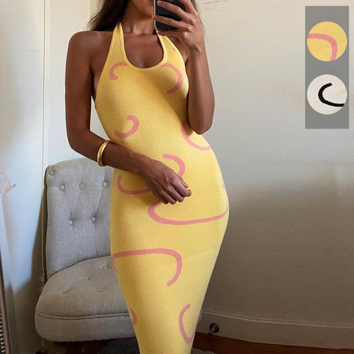 Halter Neck Midi Sweater Dress in Banana Yellow