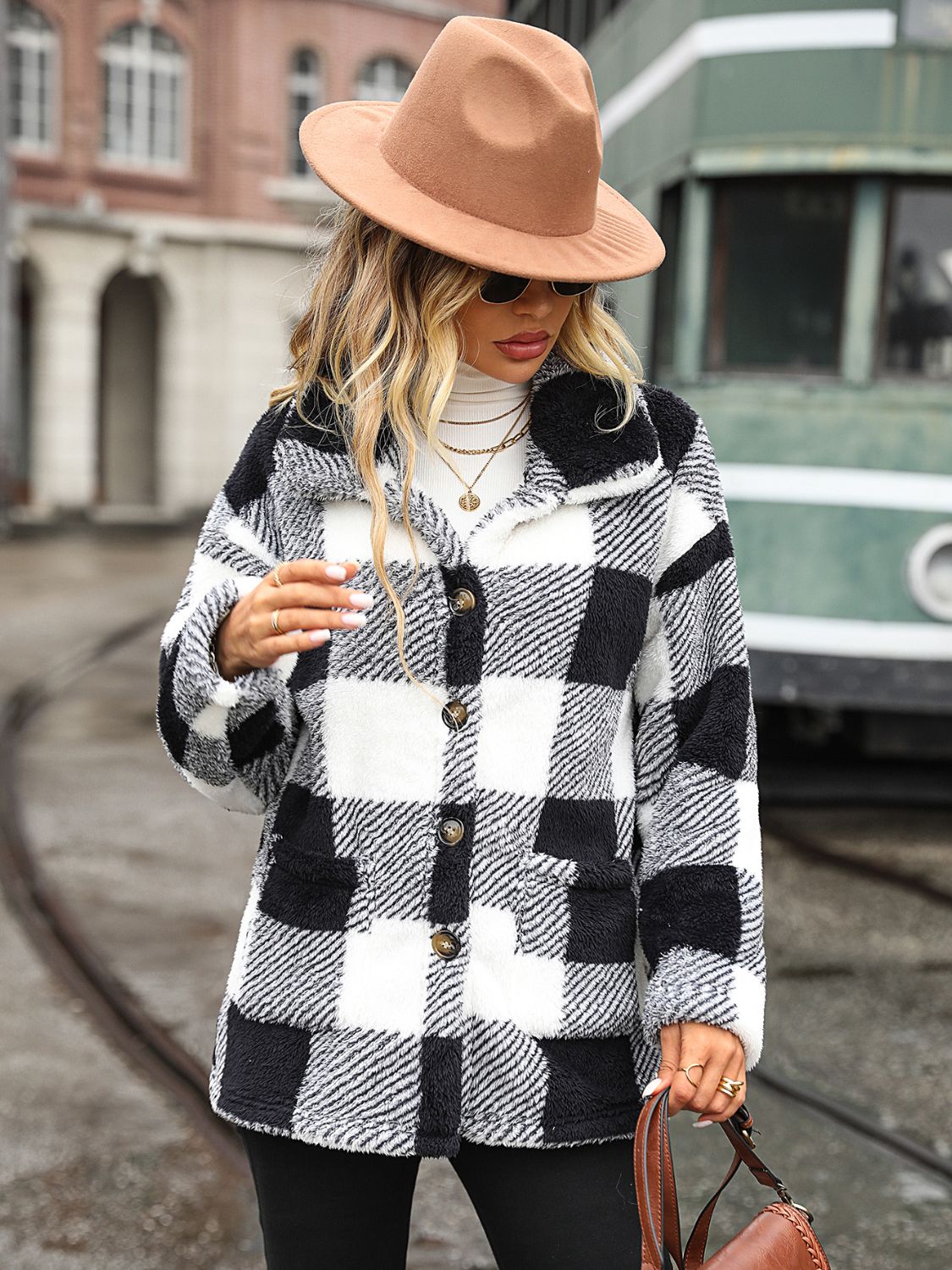 Plaid Collared Neck Button Down Jacket, view 3