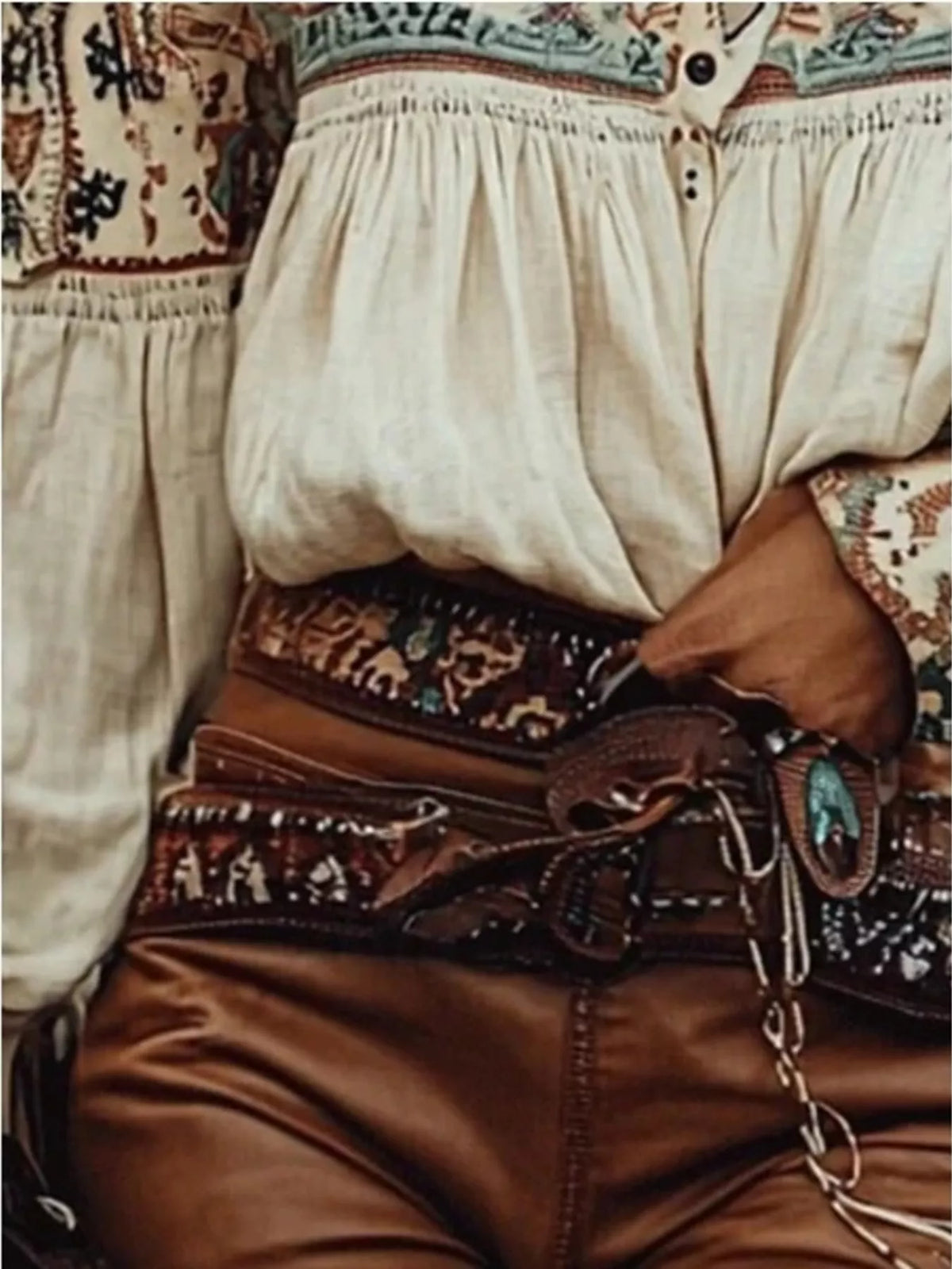 Off-Shoulder Printed Long Sleeve Blouse in Apricot, view 4